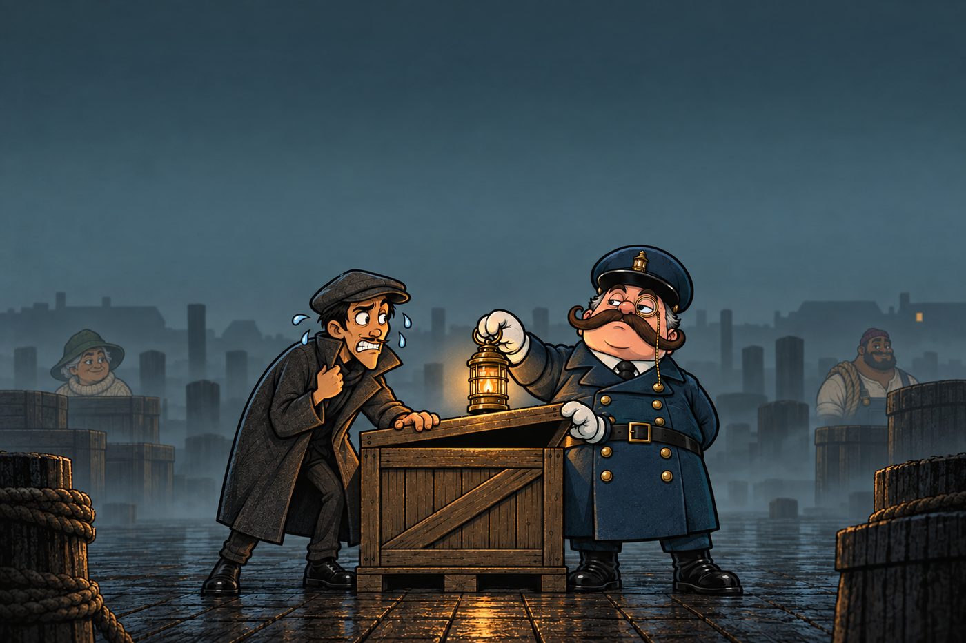 Four smugglers and a customs officer on a foggy harbour pier at night, lit by a single lantern