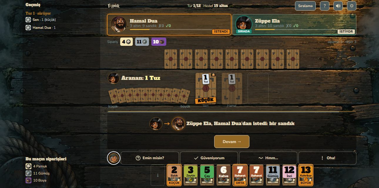 Game table on desktop: rival players, sealed crates and your hand of goods